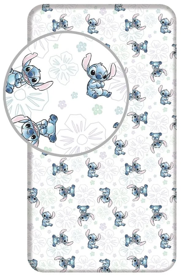 Cearceaf pentru copii alb din bumbac pentru pat de o persoană cu elastic 90x200 cm Lilo and Stitch "Ohana White" – Jerry Fabrics