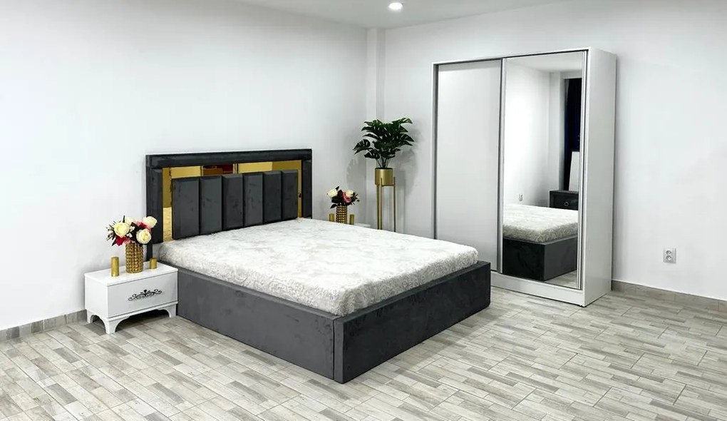 Dormitor Napoli, culoare gri / alb, cu pat Napoli 160 x 200 cm, dressing Erika 150 cm, 2 noptiere Viena