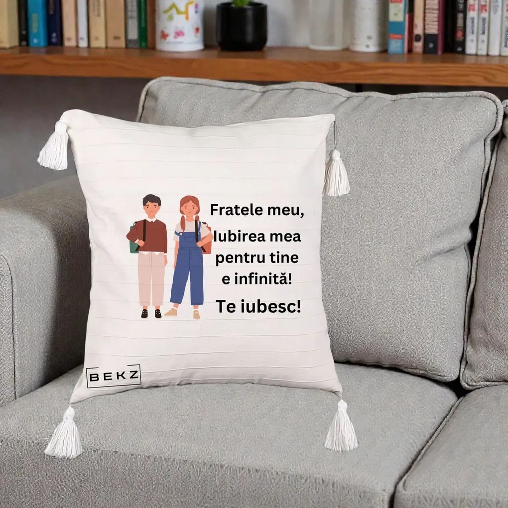 Cadou pentru Frate - Perna Personalizata Fratele Meu Te Iubesc Elevi Ilustratie Colorata, 40x40 cm, Bej cu Franjuri, Husa Detasabila, Perna Inclusa, BEKZ®