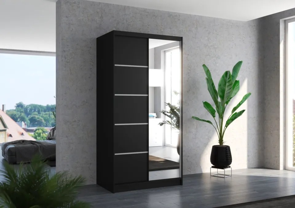 Dulap cu usi glisante si oglinda 100x200 cm, Orlando, ADRK Furniture (Culoare: Negru)
