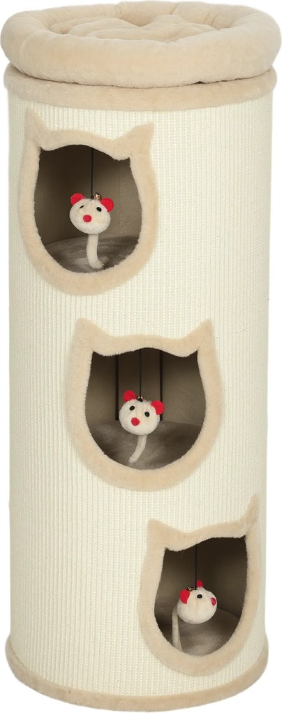 PawHut Turn de zgâriet pentru pisici de 96 cm înălțime, cu 3 căsuțe și un culcuș superior detașabil și lavabil, crem | Aosom Romania