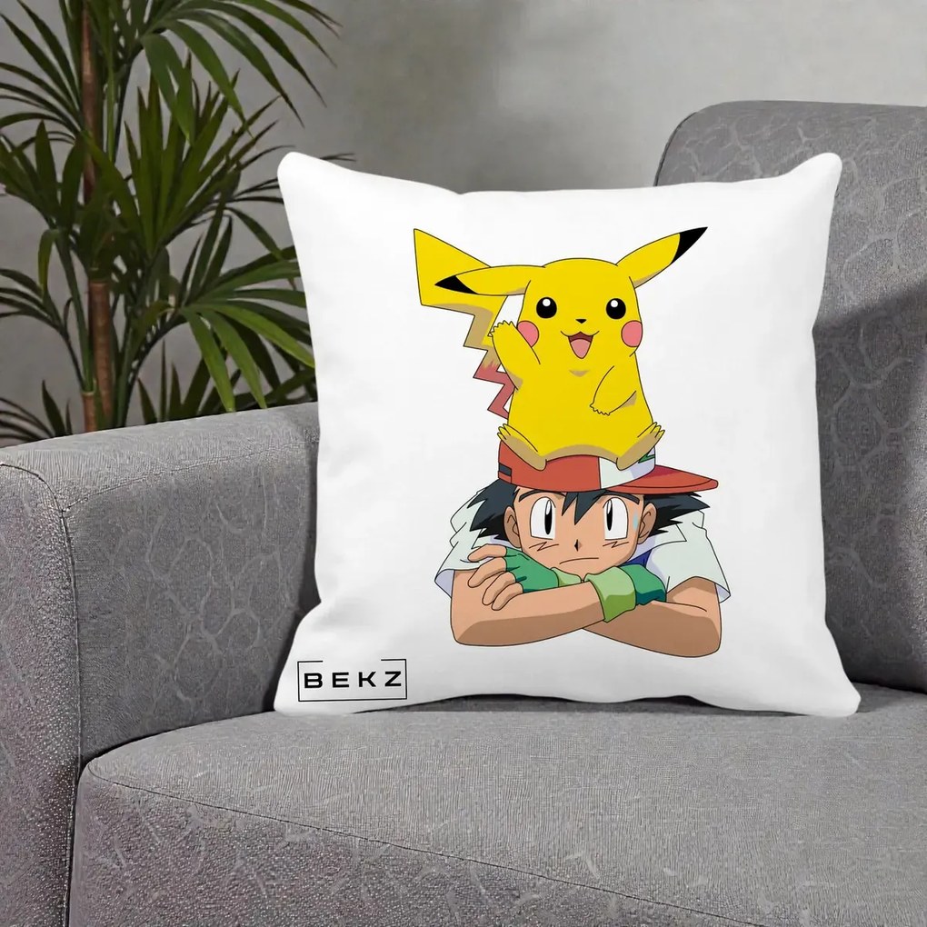 Perna Personalizata Ash si Pikachu, 40x40 cm, Alba Mata, Husa Detasabila, Perna Inclusa, BEKZ®