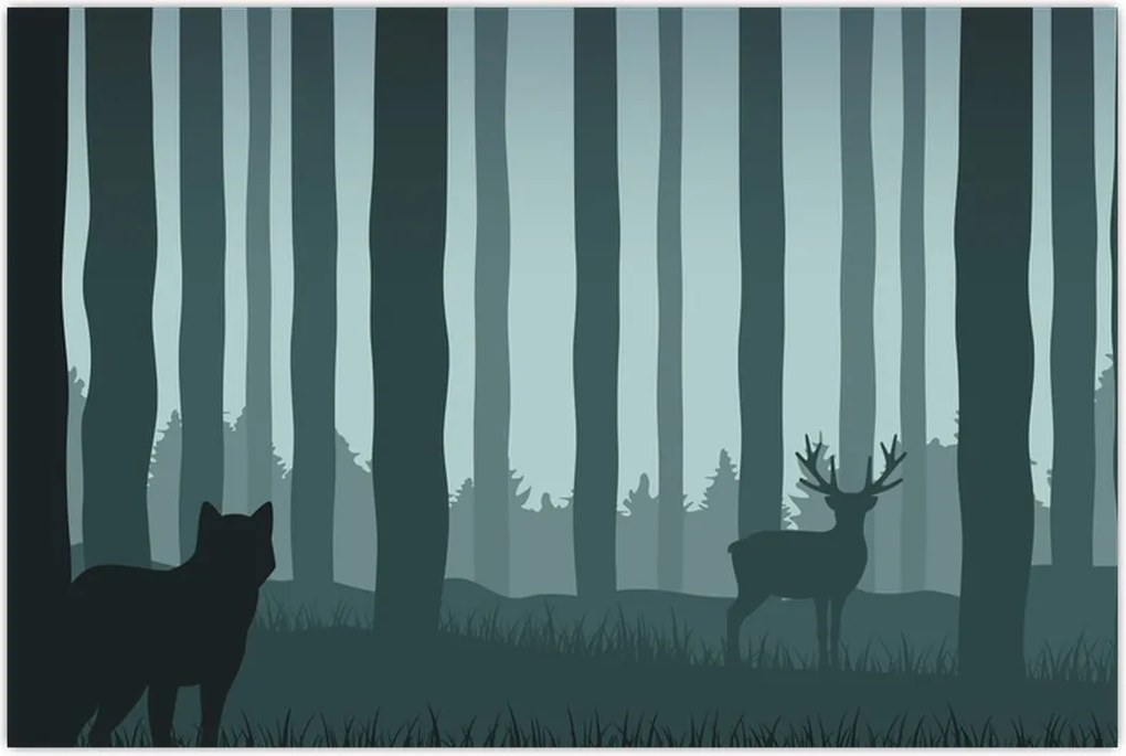 Tablou - Cerb cu lup pe stânci (90x60 cm)