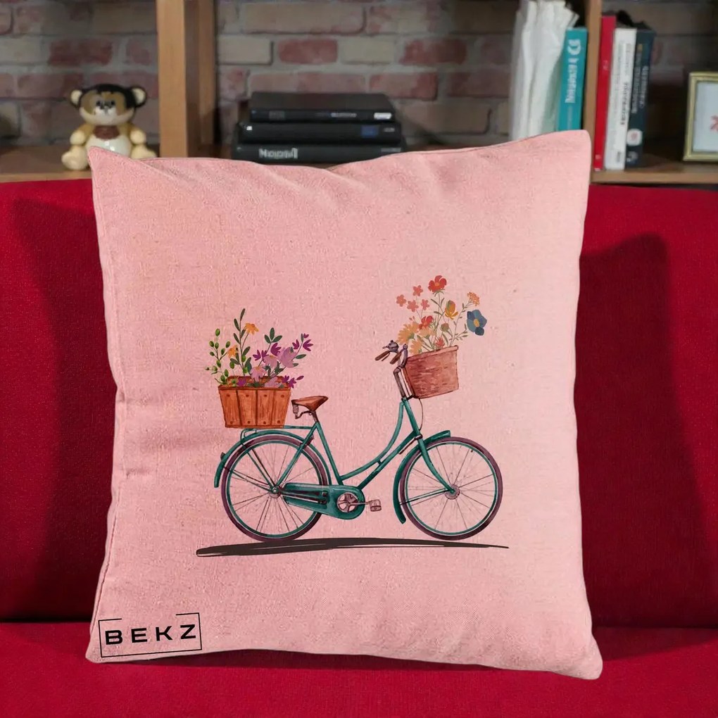 Perna Decorativa Bicicleta Florala Turcoaz Acuarela, 40x40 cm, Roz, Husa Detasabila, Perna Inclusa, BEKZ®