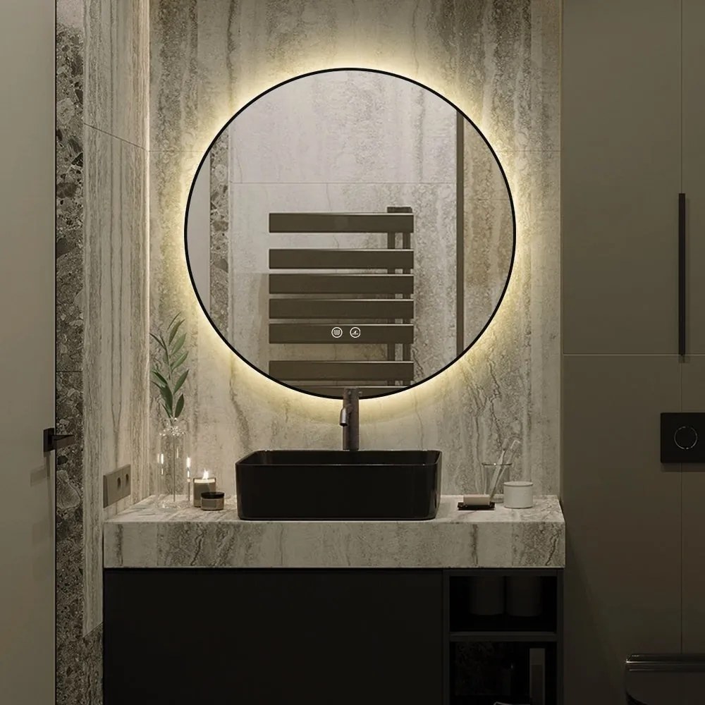 🪞 Oglindă LED cu Touch, Funcție Dezaburire și 3 Tipuri de Lumină – Model J188-60 Smack, Ø60 cm, Ramă Negru Mat