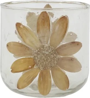 Suport lumânare din sticlă transparentă, lucrat manual, cu flori uscate, 8x8 cm, „Fleurette"