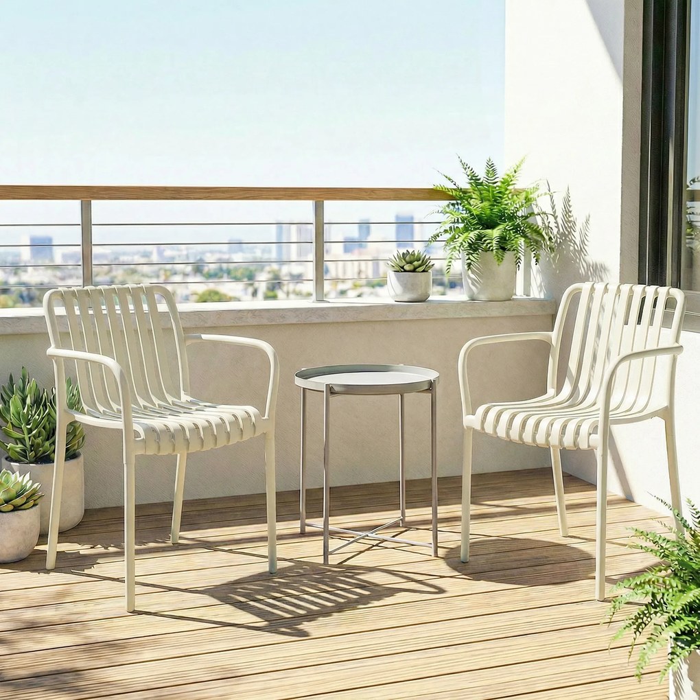 Outsunny Set 4 scaune de grădină stivabile, scaune de terasă cu design în lamele și cotiere, ergonomice, alb crem | Aosom Romania
