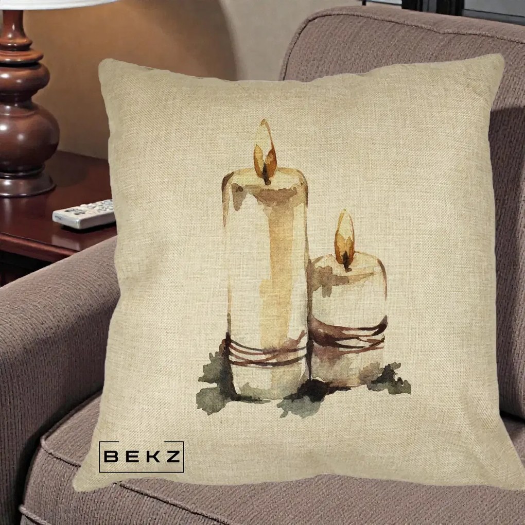 Perna Decorativa Lumanari Acuarela Iarna, 40x40 cm, Crem, Husa Detasabila, Perna Inclusa, BEKZ®