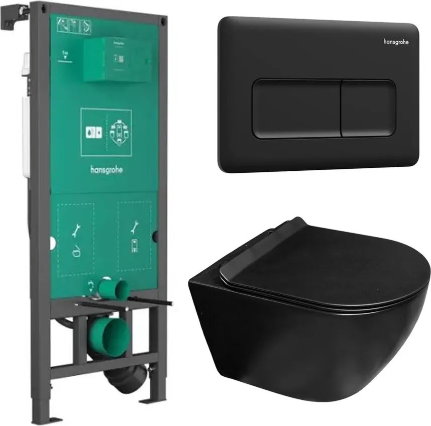 Set rezervor WC cu cadru incastrat Hansgrohe iFrame 112 cm si clapeta de actionare iFrame Original Q negru mat plus vas WC Rune Ivaldi Grande cu capac softclose