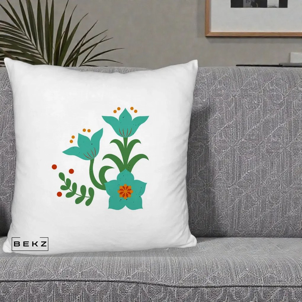 Perna Decorativa Flori Stilizate Folk Turcoaz, 40x40 cm, Alb Pufos, Husa Detasabila, Perna Inclusa, BEKZ®