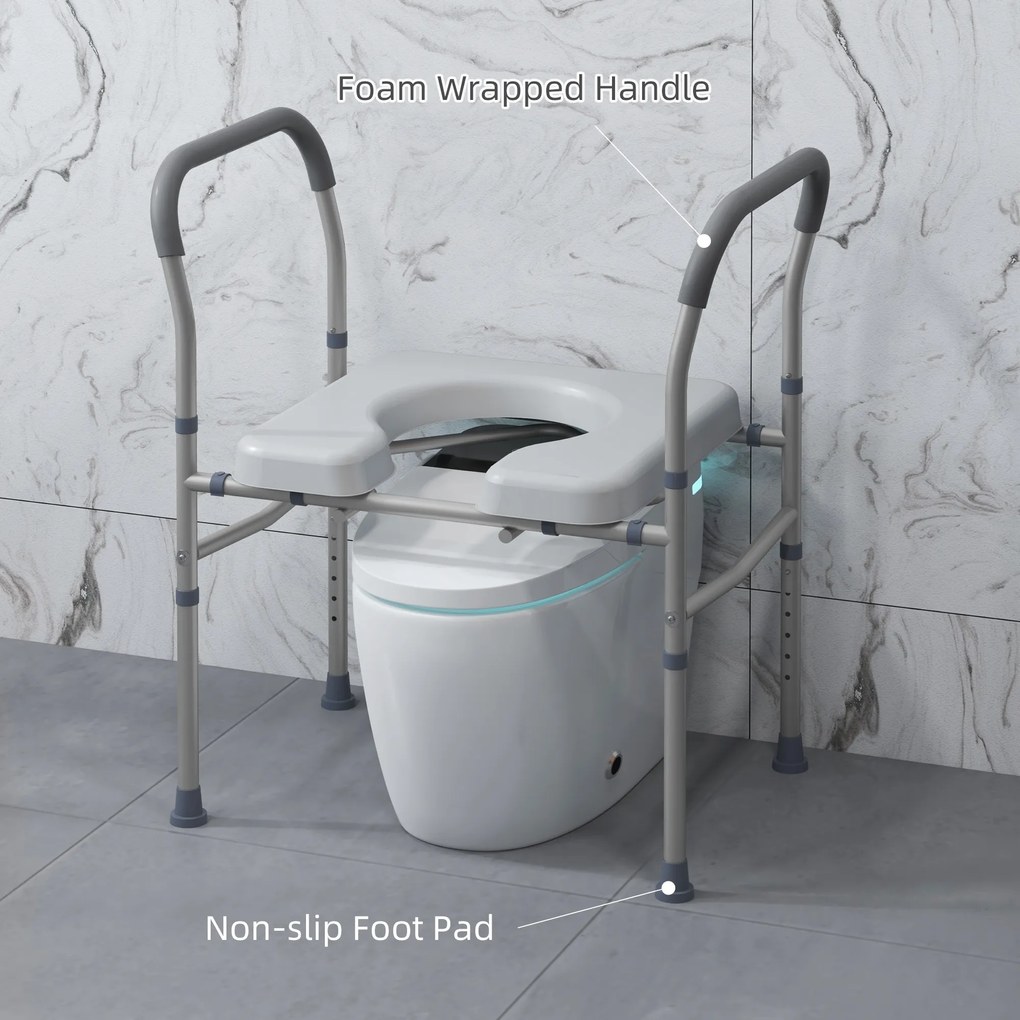 HOMCOM Scaun cu Vas de Toaletă pentru Vârstnici, Scaun de Toaletă Multifuncțional 4-În-1 cu Înălțime Reglabilă, 64x53x70-82 cm, Gri | Aosom Romania