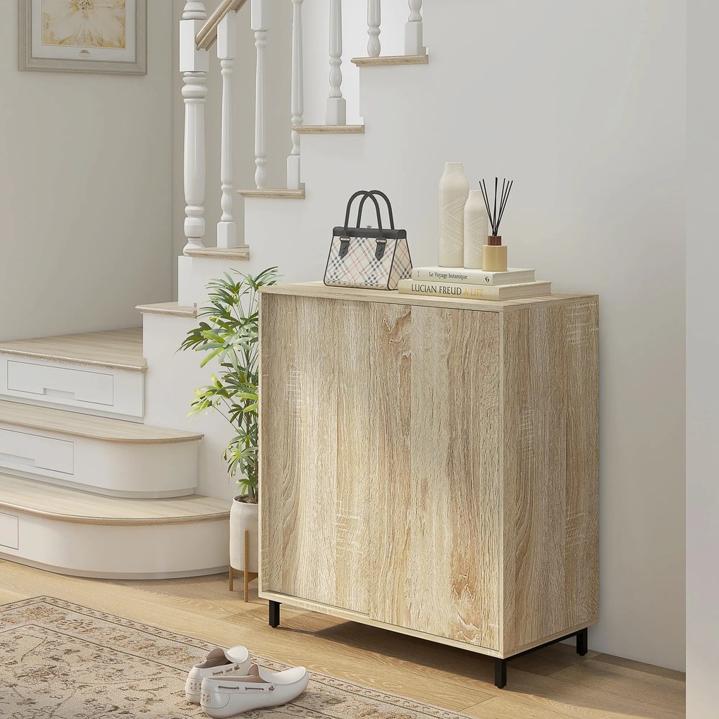 HOMCOM Dulap pentru Pantofi pe 4 Niveluri din PAL și Oțel cu Ușă Glisantă și Rafturi Reglabile, 80x40x93 cm, Lemn Natural | Aosom Romania