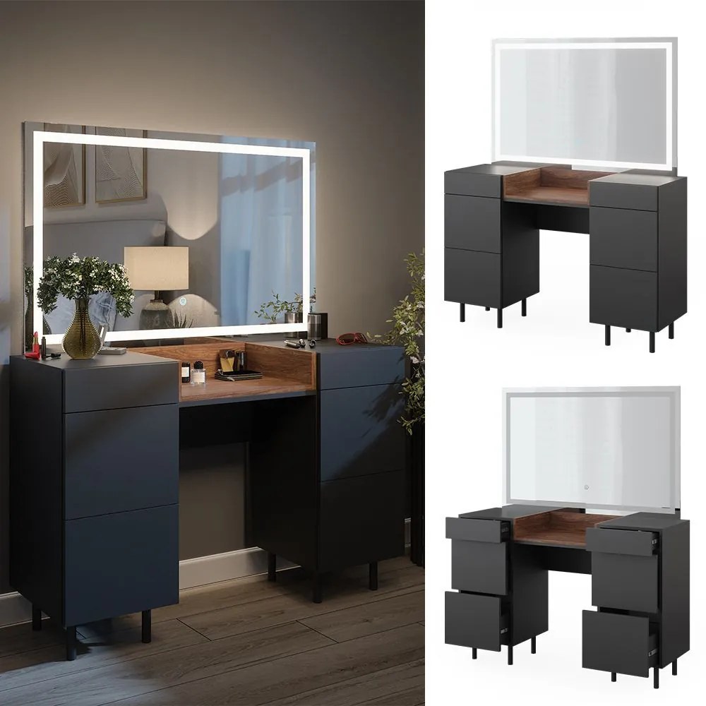 SEG216 - Set Masa toaleta 120 cm cosmetica machiaj, oglinda cu LED, masuta vanity cu sau fara scaun - Gri Antracit - Maro