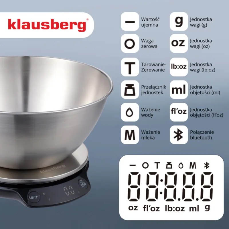 Cantar de bucatarie cu bol Klausberg KB 7939, 5 Kg, Bluetooth, Aplicatie mobila, LED, Tare, Lichide, 4 valori nutritive, Inox