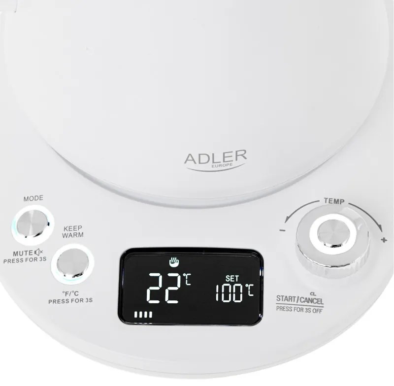 Cana electrica Adler AD 1349W, 1100W, 1 l, 40-100°C, mentinere caldura, Afisaj LED, Alb