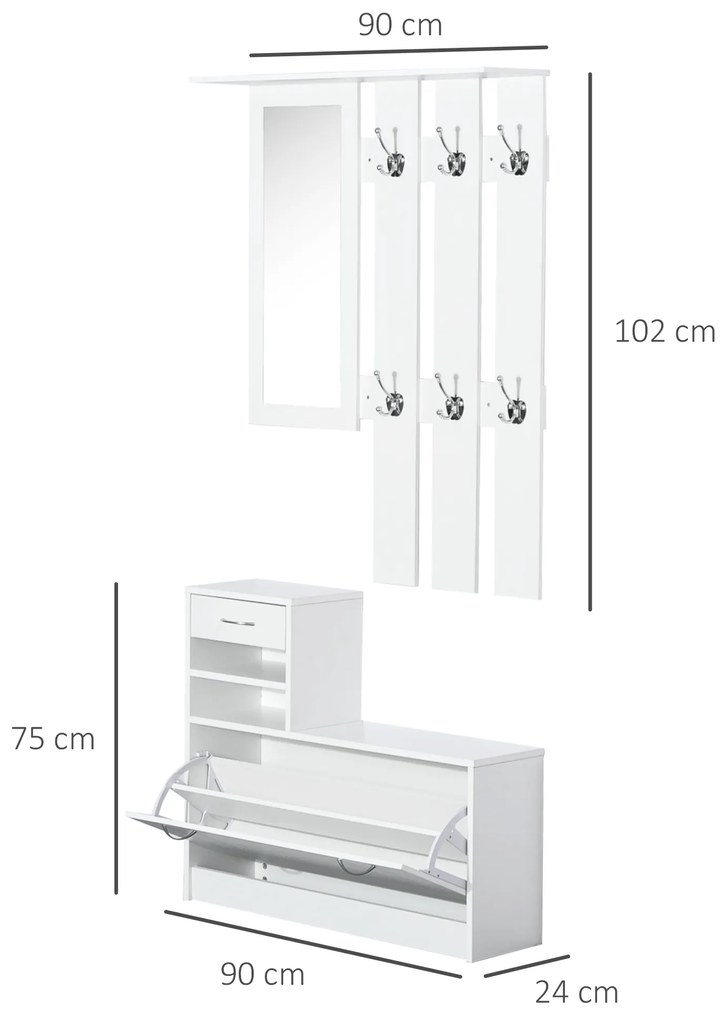 HOMCOM Mobila de Hol Moderna Garderoba Set Cuier, Oglinda si Dulap Pantofi 3 in 1, in Lemn Alb | Aosom Romania