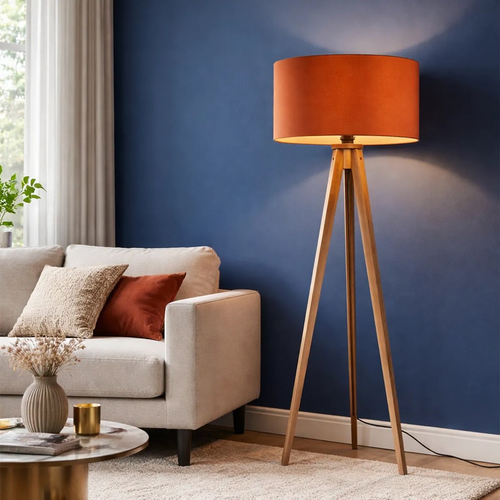 Lampă de podea din lemn cu abajur portocaliu și interior auriu 50cm - Tripod Classic