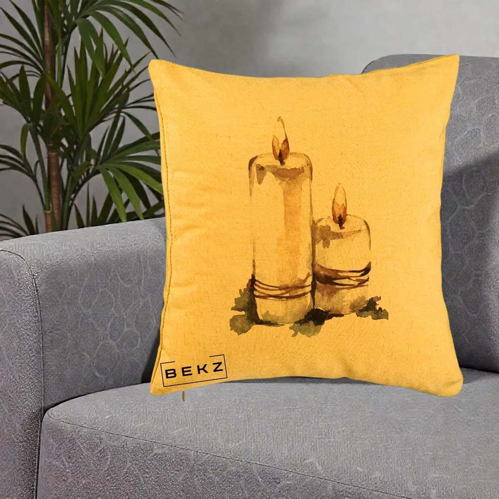 Perna Decorativa Lumanari Acuarela Iarna, 40x40 cm, Galben, Husa Detasabila, Perna Inclusa, BEKZ®