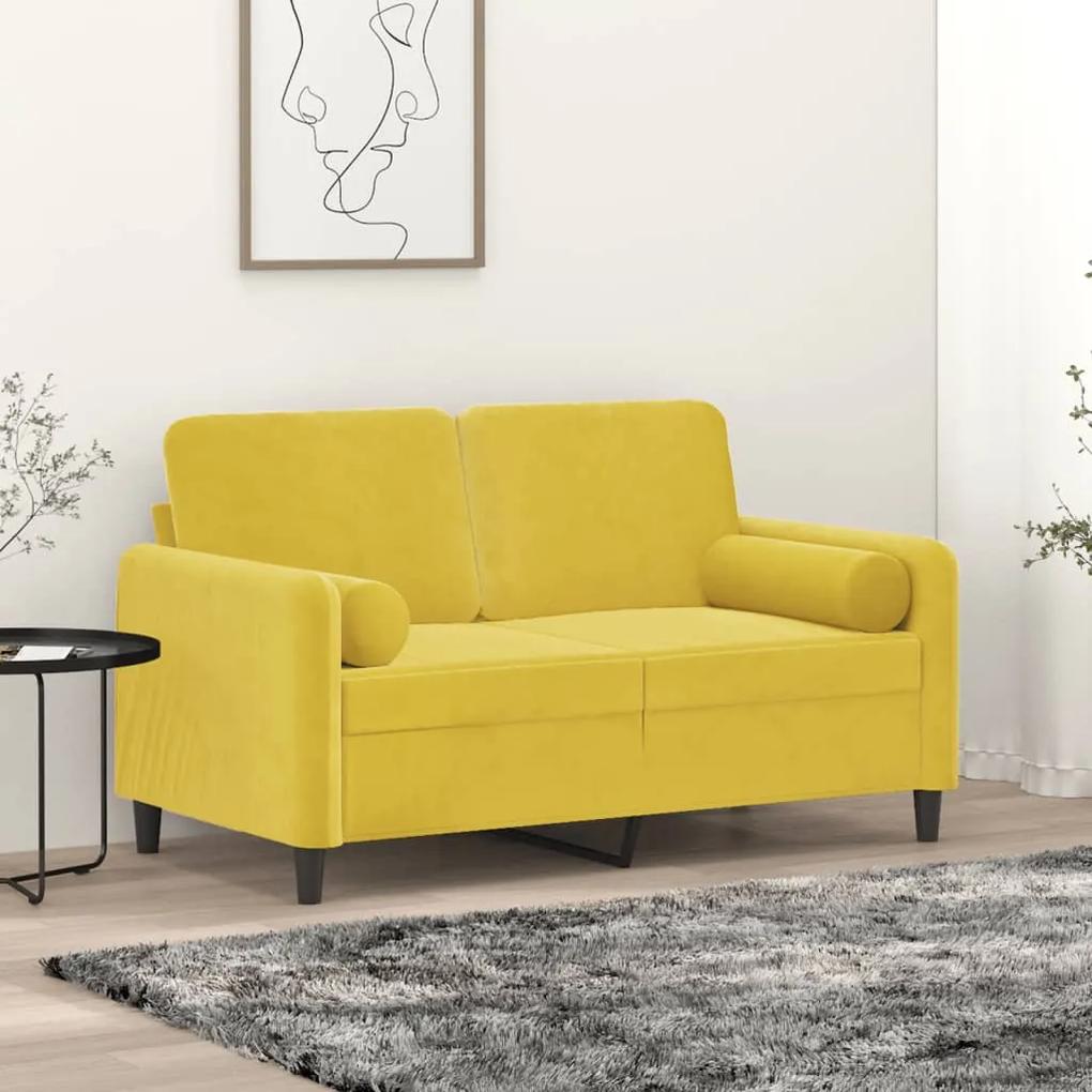 Canapea cu 2 locuri cu pernute, galben, 120 cm, catifea