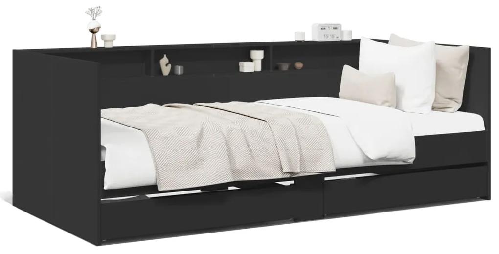 3280847 vidaXL Cadru pat de zi cu sertare, negru, 90x200 cm, lemn prelucrat