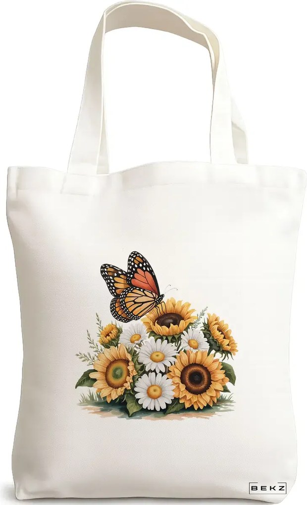 Sacosa de Panza pentru Cumparaturi, Geanta Tote, model Sunflowers 38 x 34.5 cm, Alba, BEKZ®
