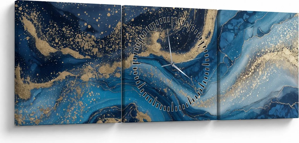 Tablou - Marmură abstractă albastru-aurie (cu ceas) (90x30 cm)