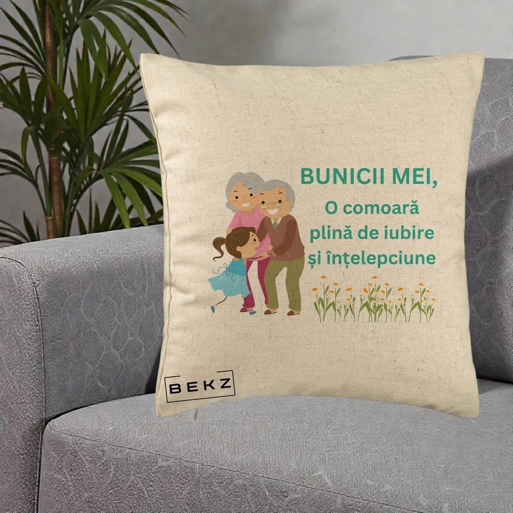 Cadou pentru Bunici - Perna Personalizata Bunicii Mei Comoara Iubire Intelepciune Nepoata, 40x40 cm, Bej, Husa Detasabila, Perna Inclusa, BEKZ®