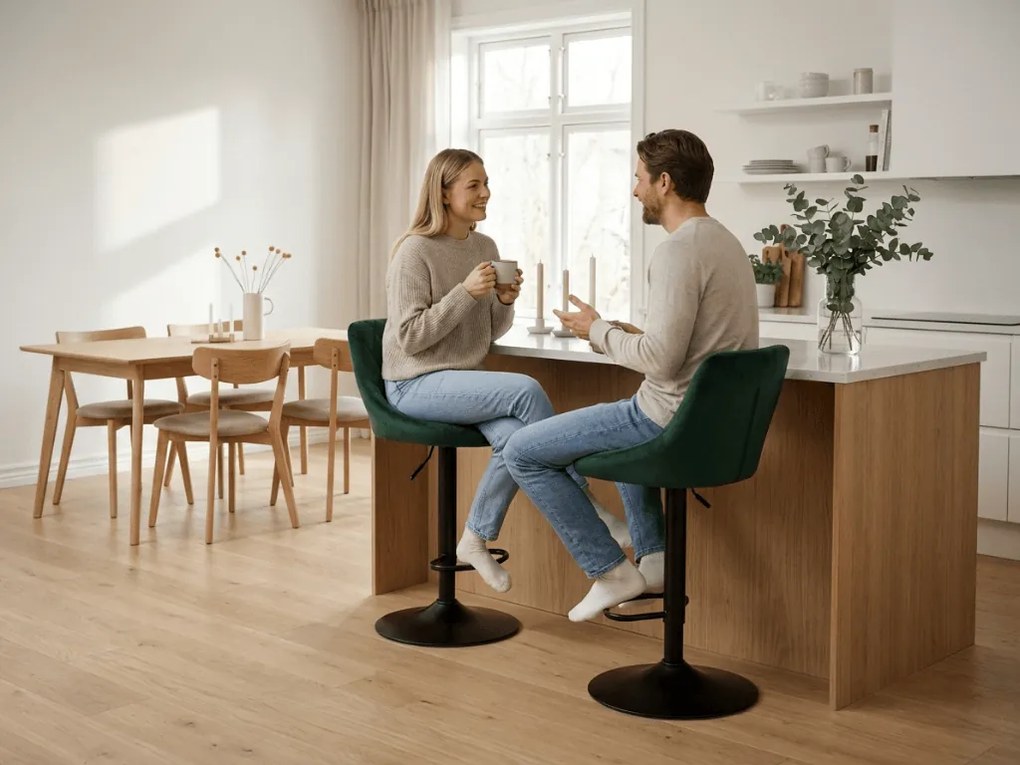 Scaun de bar verde KAST VELVET cu picior negru