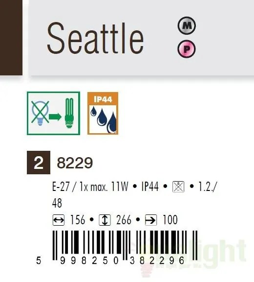 Aplica de perete exterior IP44, dim.15,6x26,6cm, Seattle 8229 RX