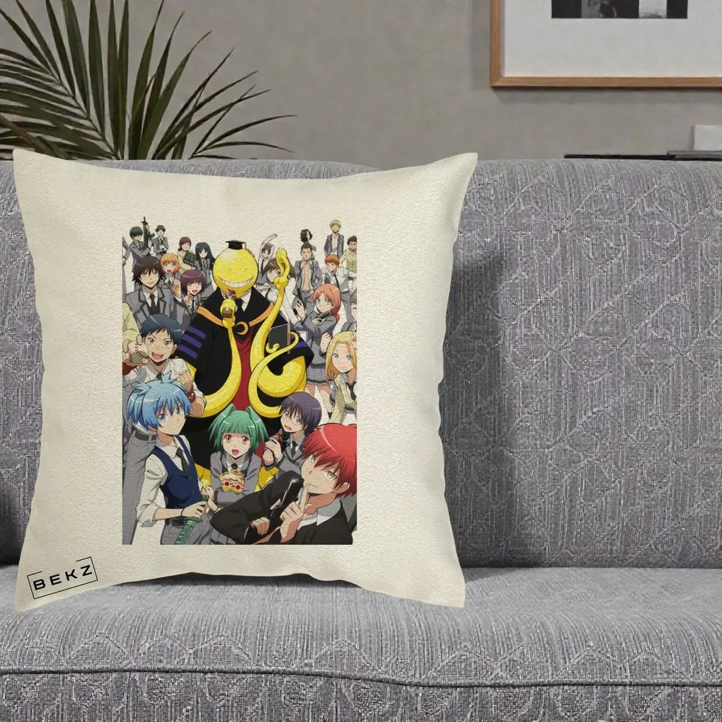 Perna Personalizata Assassination Classroom Grup Complet Anime, 40x40 cm, Ecru, Husa Detasabila, Perna Inclusa, BEKZ®