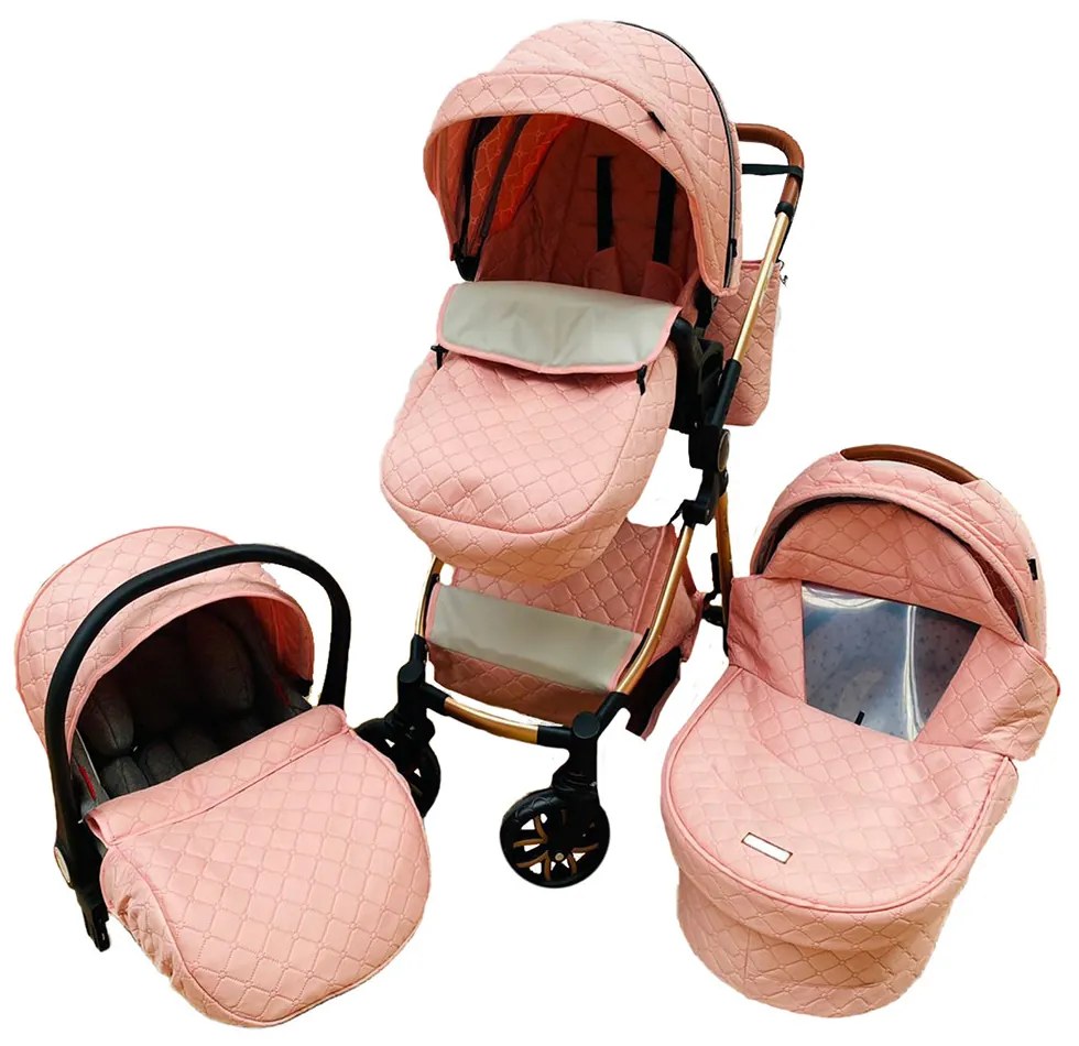 Carucior 3 in 1 cu landou, scoica si geanta, 0-36 luni, Roz - CPC-11-roz