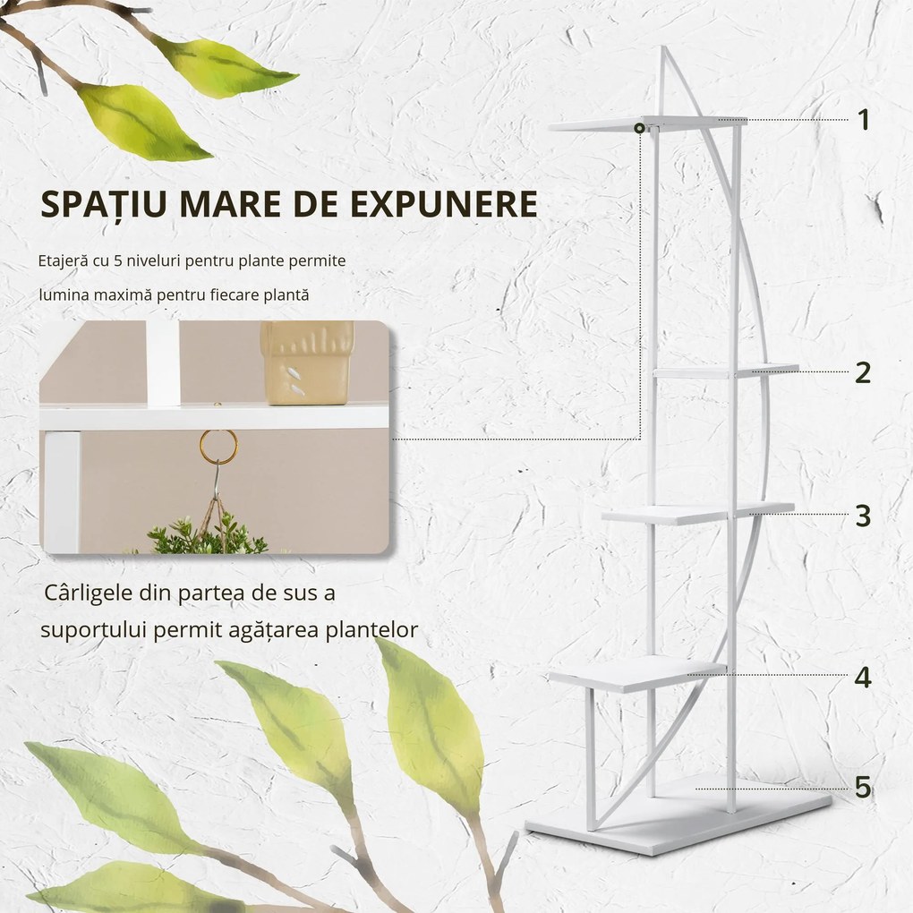 Outsunny Suport pentru Plante cu 5 Niveluri în Formă de Jumătate de Lună pentru Ghivece Decor Interior și Exterior 50x30x160 cm Alb | Aosom Romania