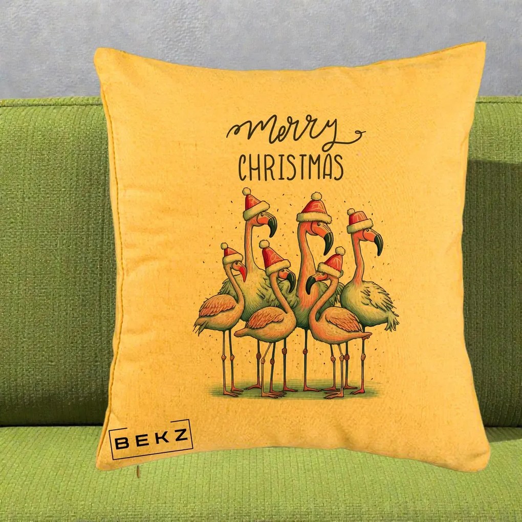 Perna Decorativa Flamingo Merry Christmas, 40x40 cm, Galben, Husa Detasabila, Perna Inclusa, BEKZ®
