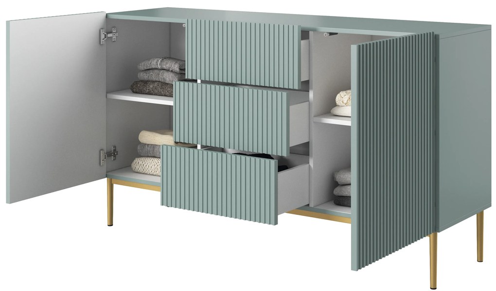 Comodă Nicole 150 cm cu trei sertare - MDF salvie / picioare aurii