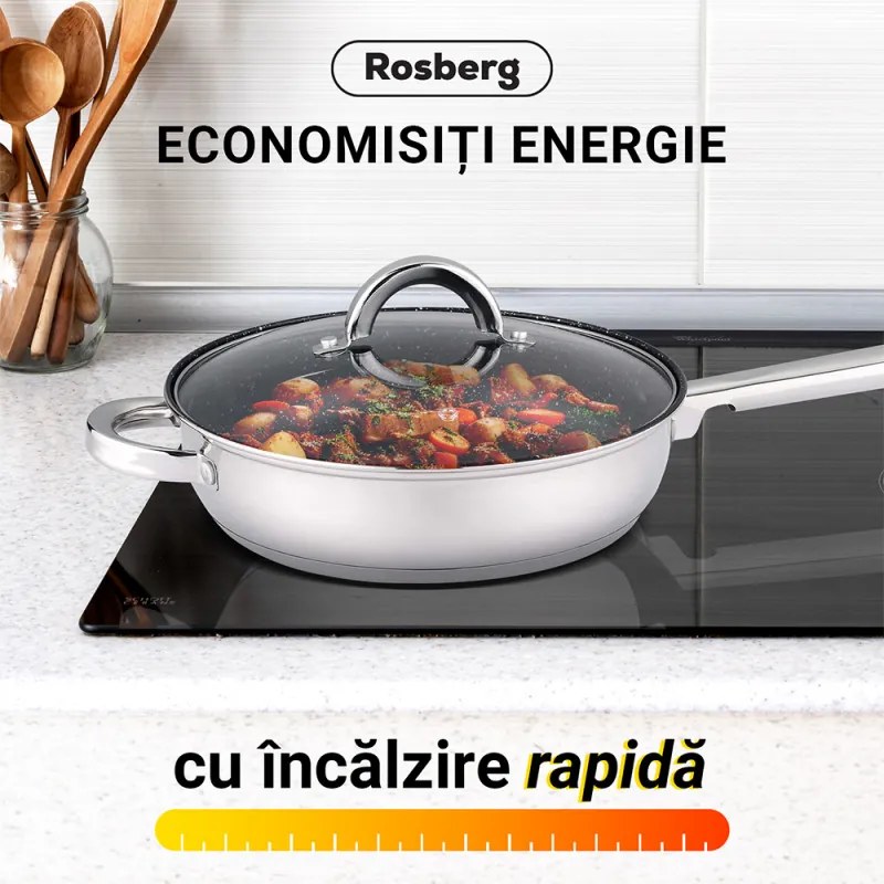 Tigaie cu capac Rosberg R51210L24TM, 24x6,5 cm, Acoperire marmura, Inductie, Inox