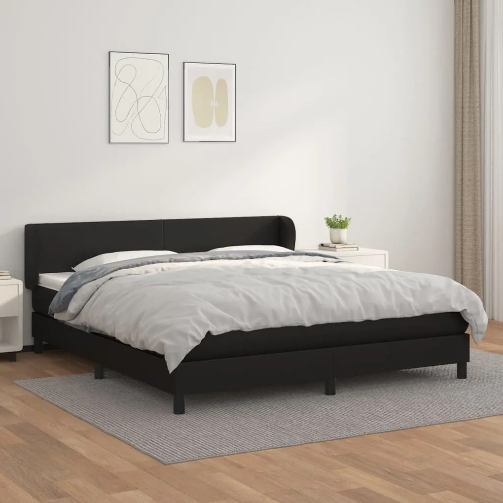 Pat box spring cu saltea, negru, 160x200 cm, piele ecologica Negru, 160 x 200 cm, Design simplu