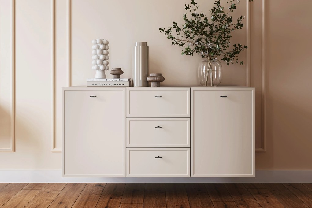 Comodă suspendată Lorini 150 cm cu sertare - cașmir / mânere negre T-bar