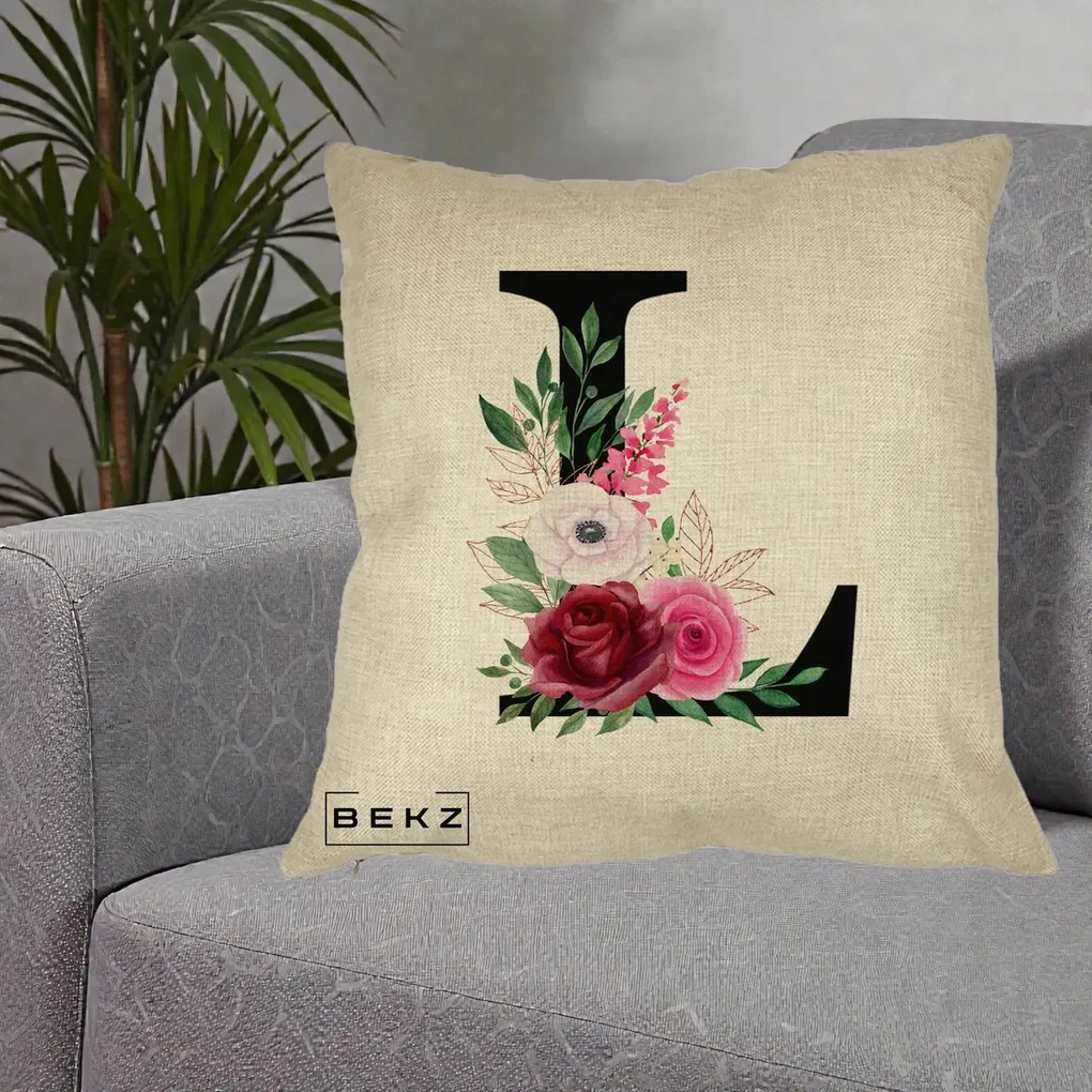 Cadou Personalizat - Perna Personalizata Monograma Florala Litera L, 40x40 cm, Crem, Husa Detasabila, Perna Inclusa, BEKZ®