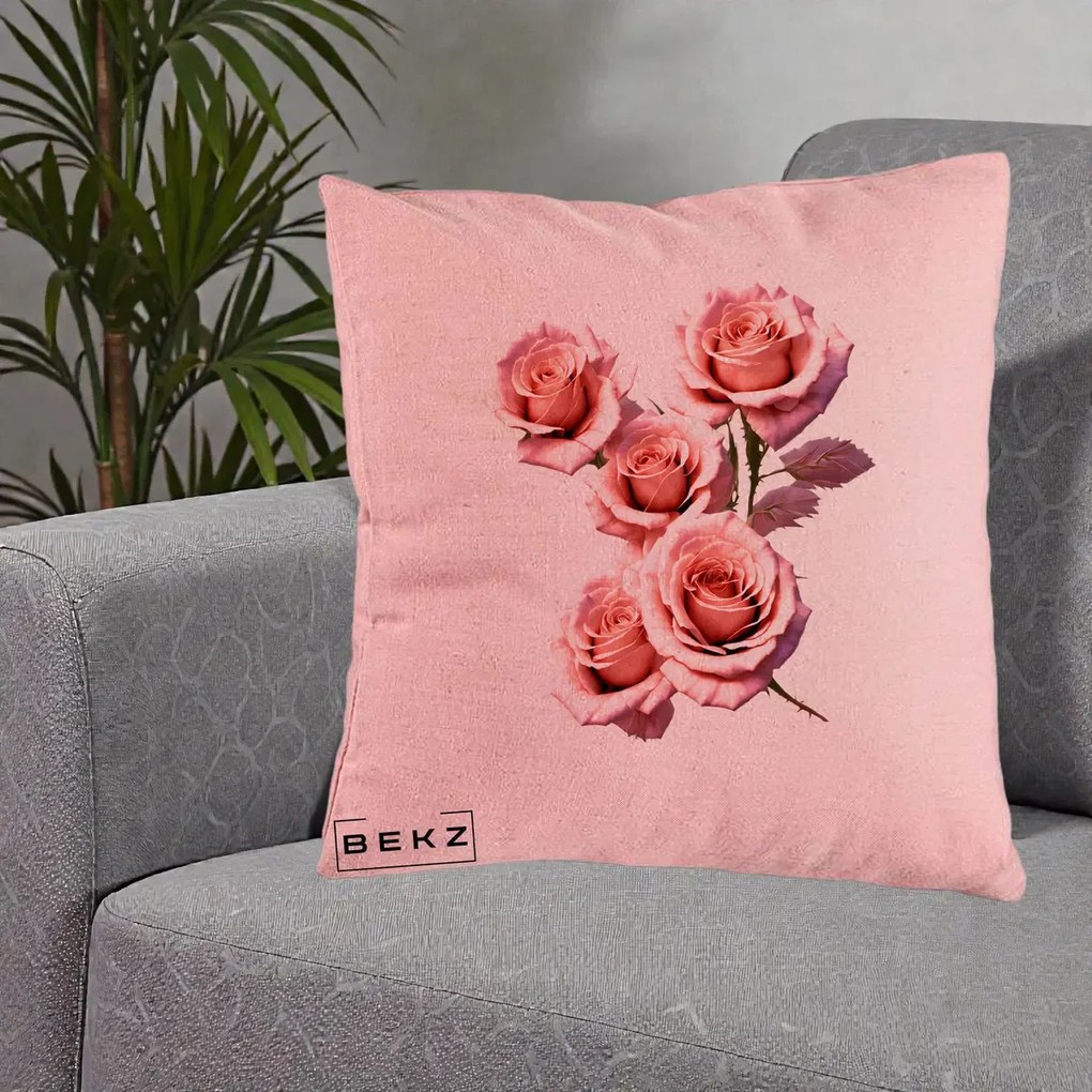 Perna Decorativa Trandafiri Roz Pastel Acuarela, 40x40 cm, Roz, Husa Detasabila, Perna Inclusa, BEKZ®
