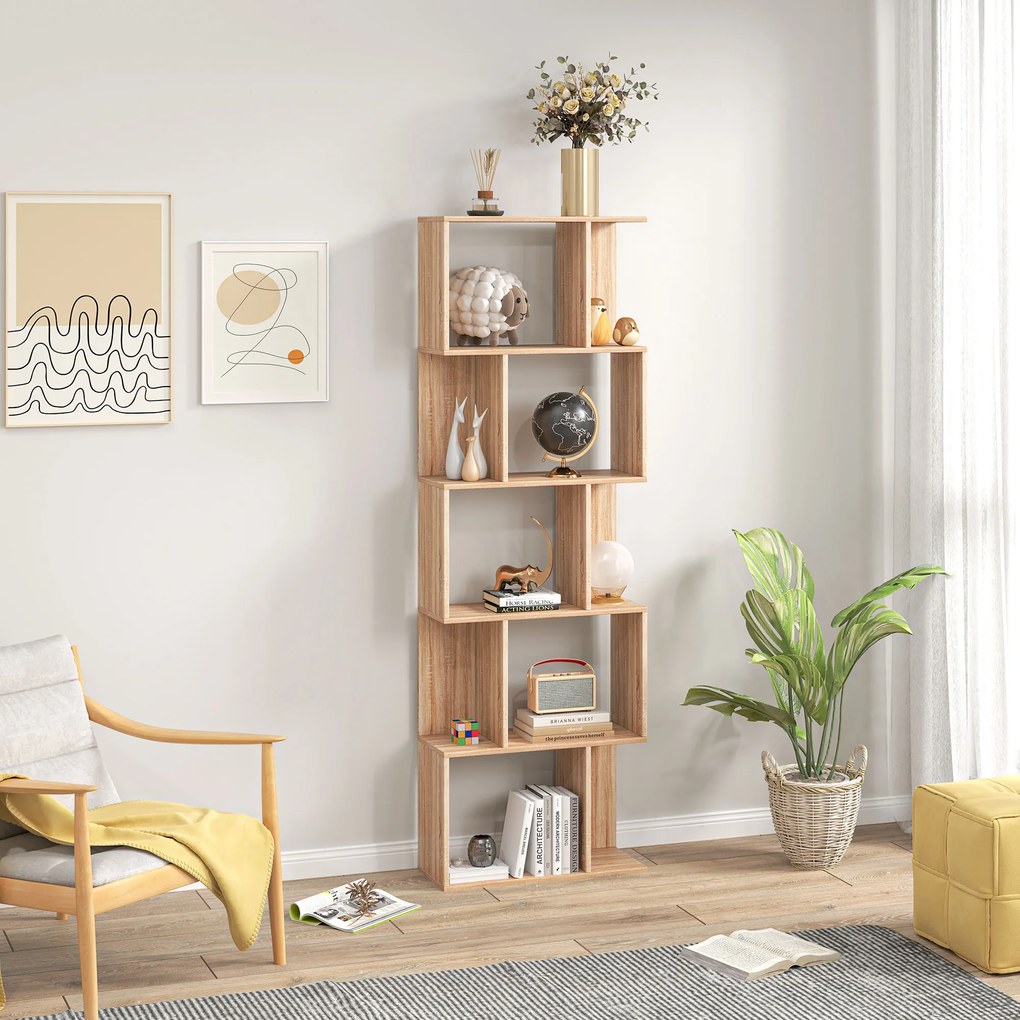 HOMCOM Bibliotecă cu 5 Rafturi Separate cu Spațiu de Economisire în Formă de S din Lemn, 60x24x184,5 cm, Lemn Natural | Aosom Romania