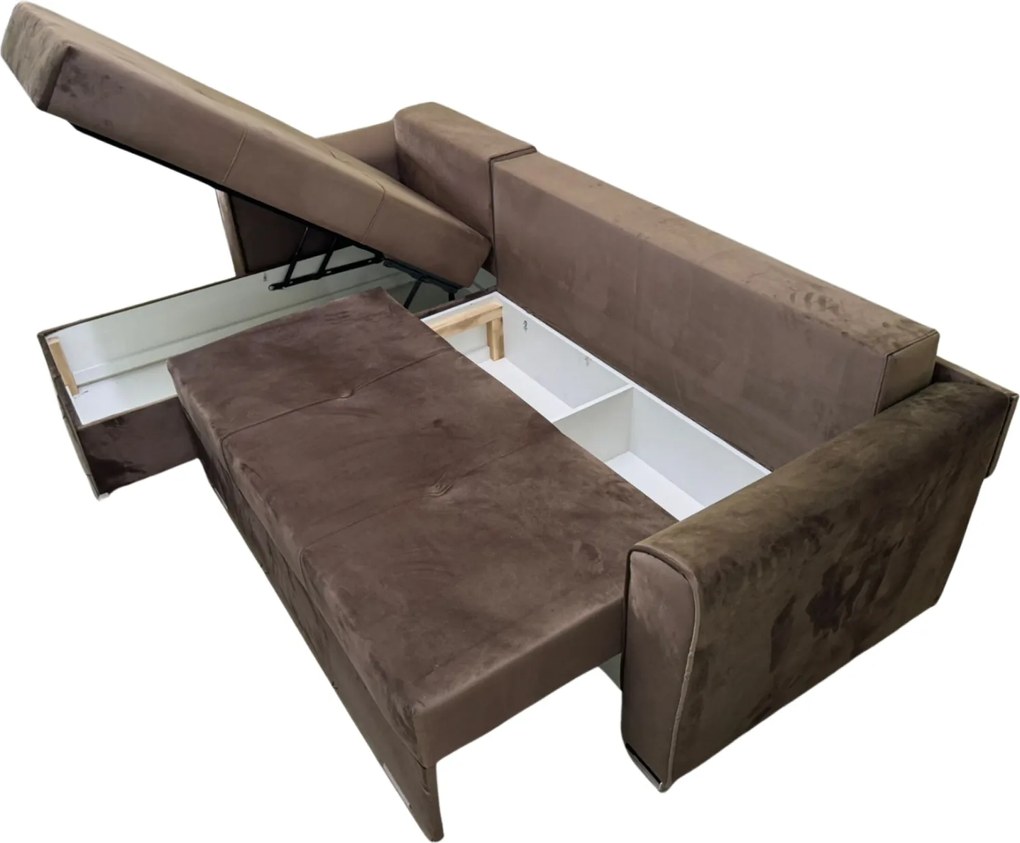 Coltar Lori, 4 locuri, cu 2 lazi de depozitare, catifea, 260x95x80 cm, culoare maro Stânga, catifea, Maro + Crem