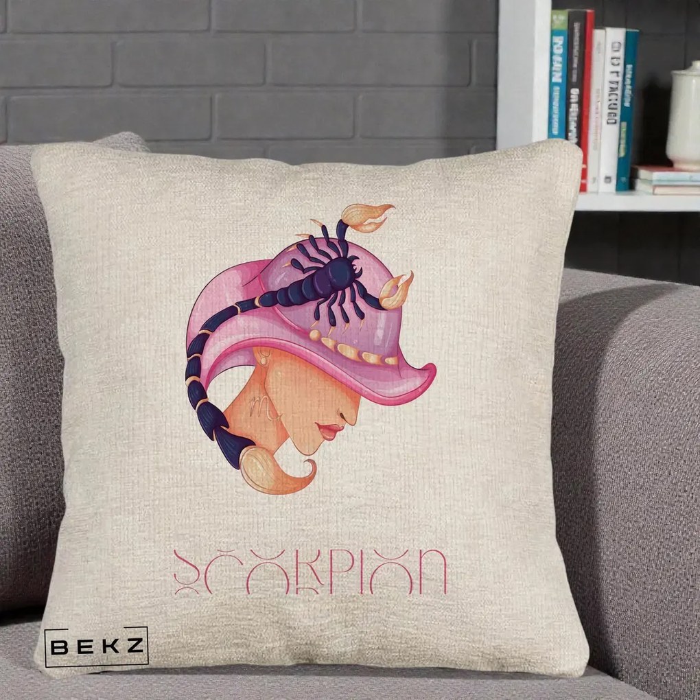 Perna Personalizata Zodiac Scorpion Cowgirl, 40x40 cm, Bej Canapea, Husa Detasabila, Perna Inclusa, BEKZ®