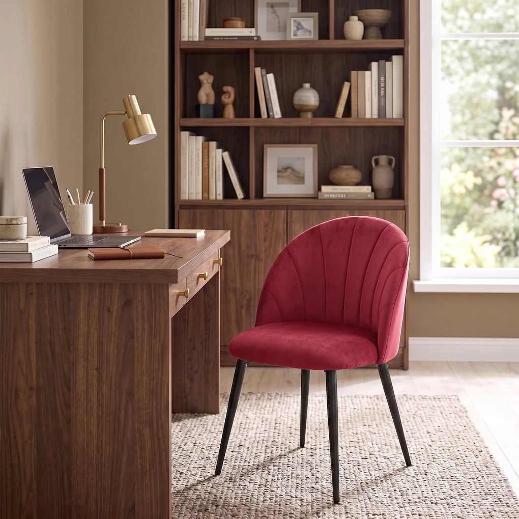 HOMCOM Set de 2 Scaune de Sufragerie din Catifea cu Spătar Tip Scoică, Culoare Roșu Vin, | Aosom Romania