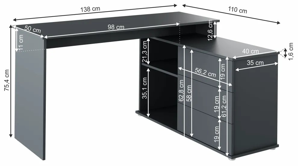 Birou PC universal de colt, grafit, TERINO