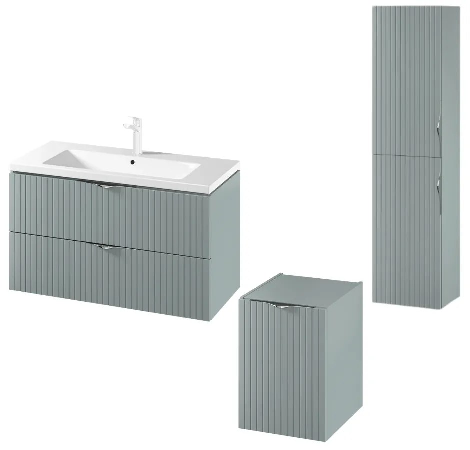 Set dulap baie suspendat 2 sertare si lavoar inclus 100 cm, dulap baie suspendat si dulap baie tip coloana, culoare fiord mat, MDF, Cersanit Tirso