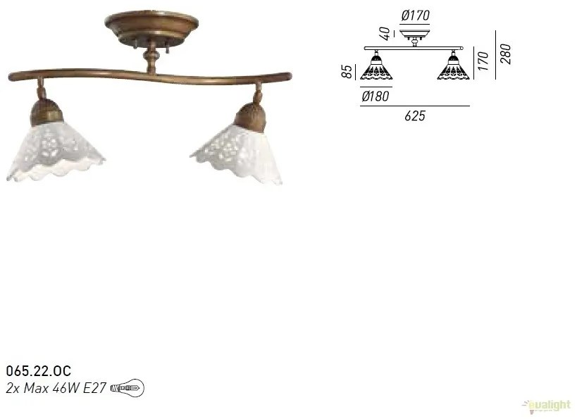 Plafonier rustic cu 2 brate fabricat manual Fiori di Pizzo 065.22.OC