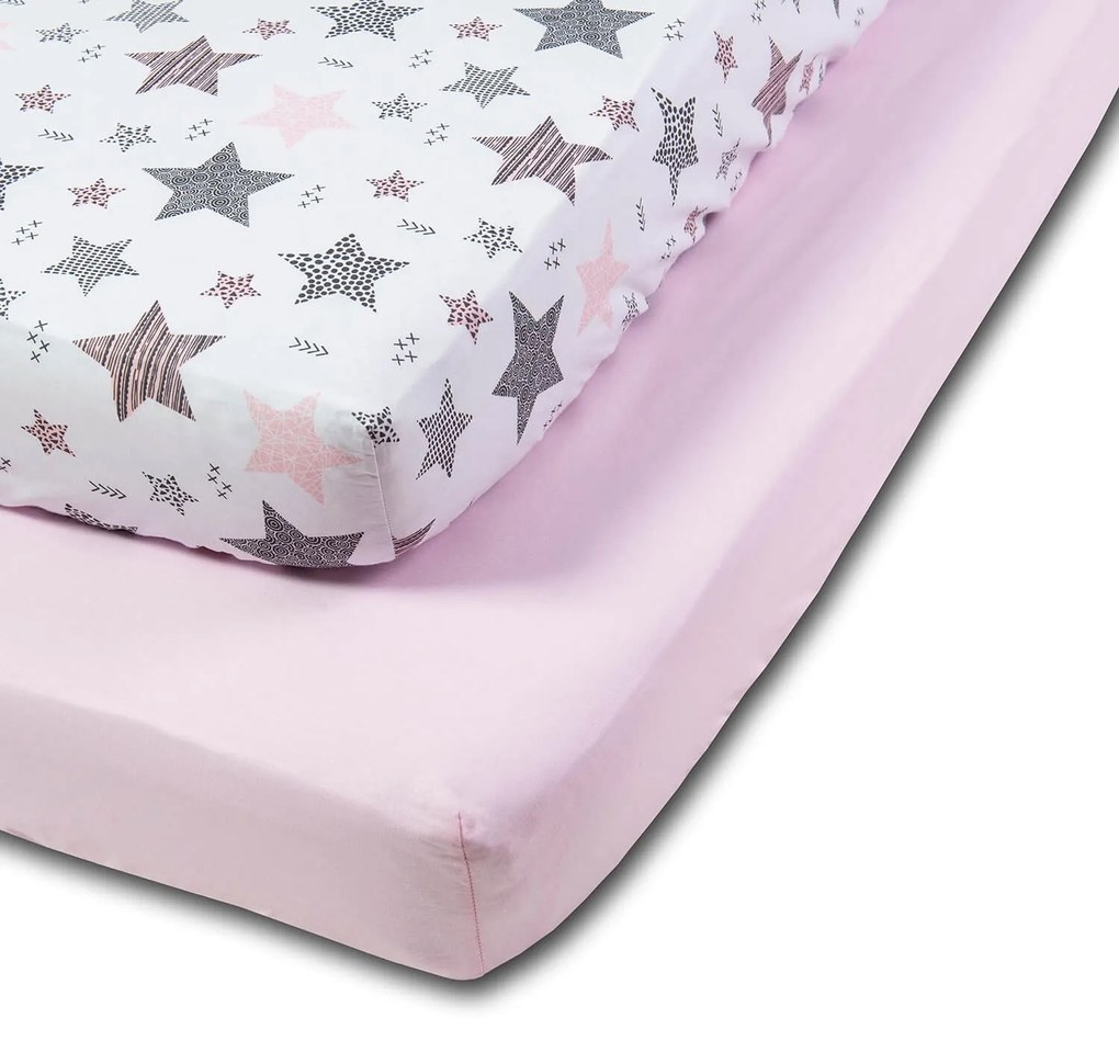 Set 2 cearceafuri din bumbac cu elastic  roata pentru patut 140x70 cm Kidizi Pink Stars