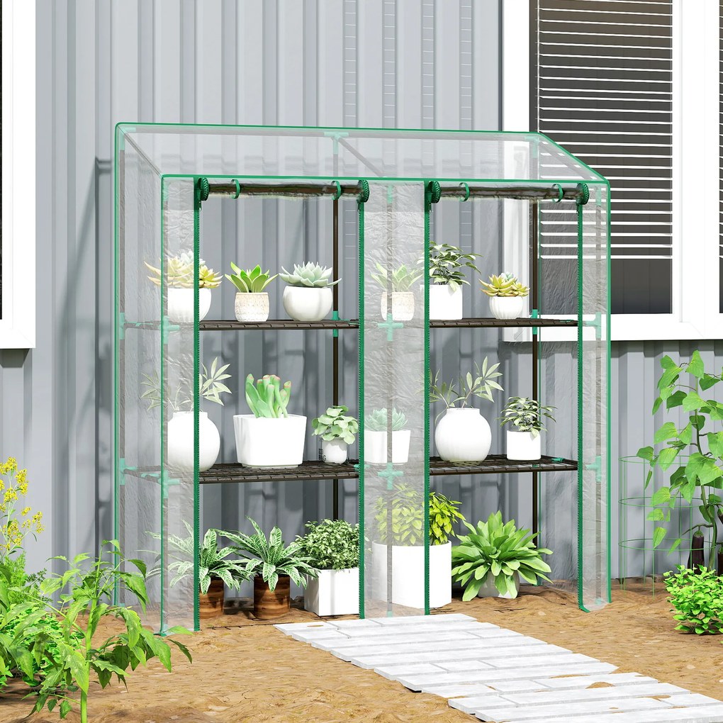 Outsunny Seră de Grădină cu Copertină din PE, Seră cu Acoperiș Înclinat, 2 Uși Rulante și 6 Rafturi, 143x46x151cm, Verde | Aosom Romania
