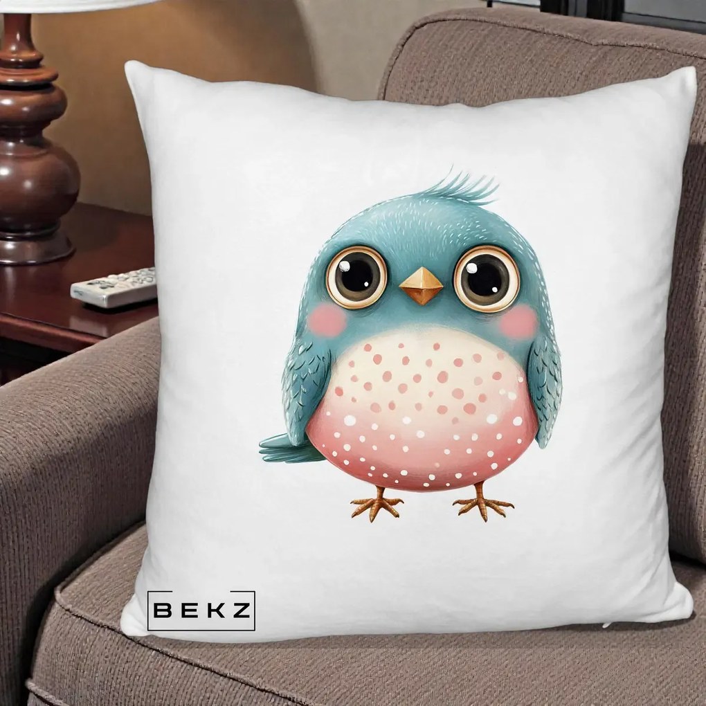 Perna Decorativa Pasare Teal-Roz cu Pete, 40x40 cm, Alb Pufos, Husa Detasabila, Perna Inclusa, BEKZ®