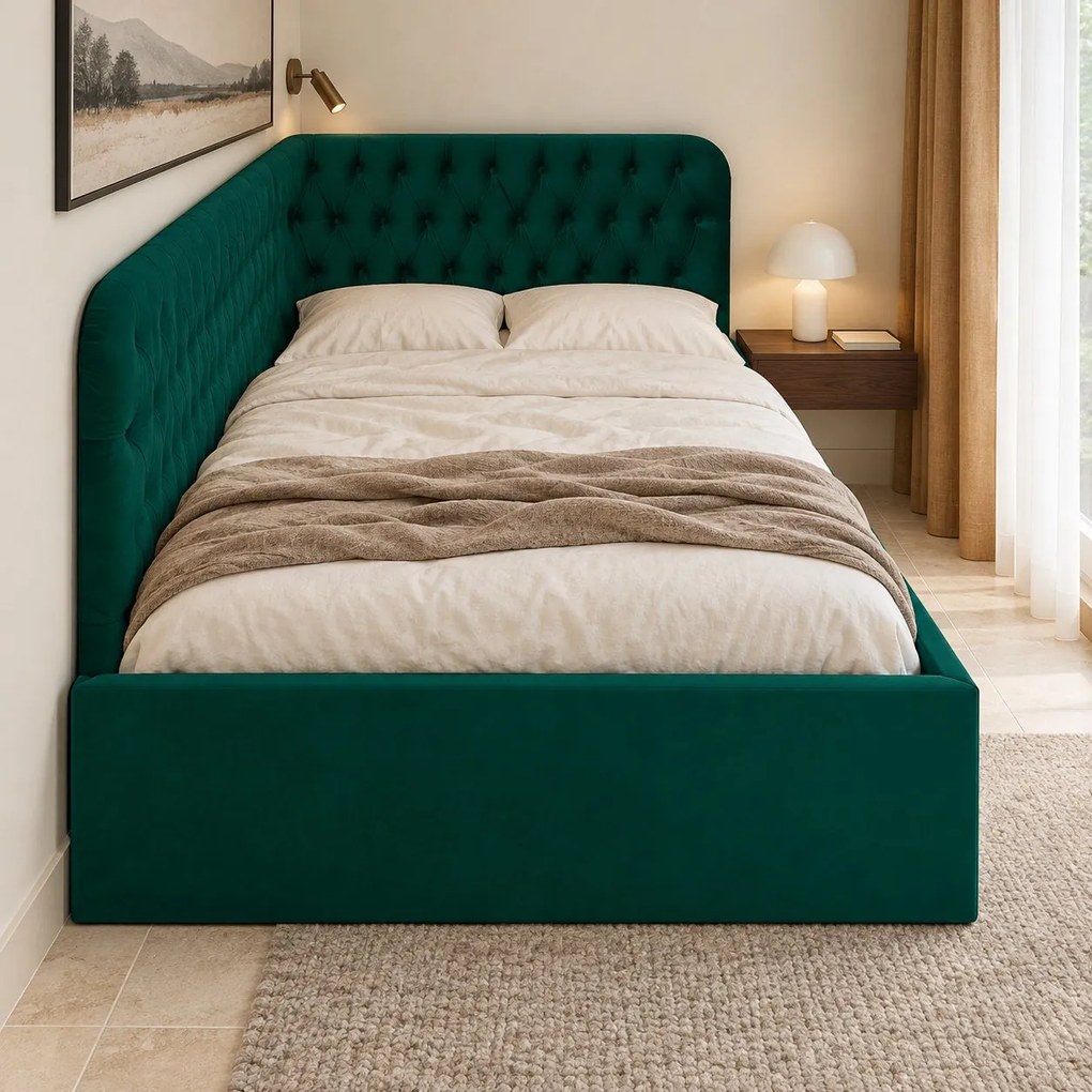 Pat tapițat pentru copii din catifea Elyra 140×200 cm, verde, colț stânga, cu ladă de depozitare